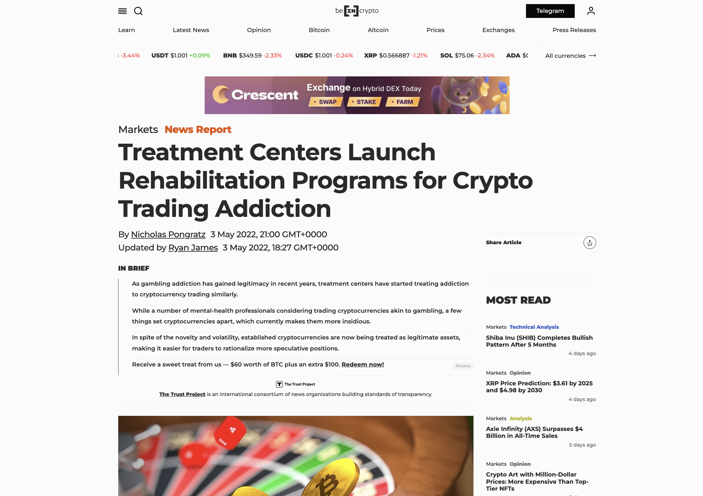 BeInCrypto-artikel over behandeling van cryptohandelsverslaving