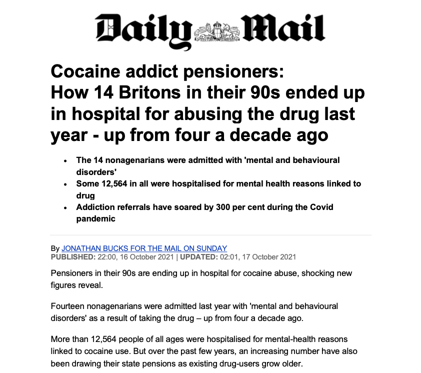 Daily Mail-artikel over cocaïneverslaving bij gepensioneerden