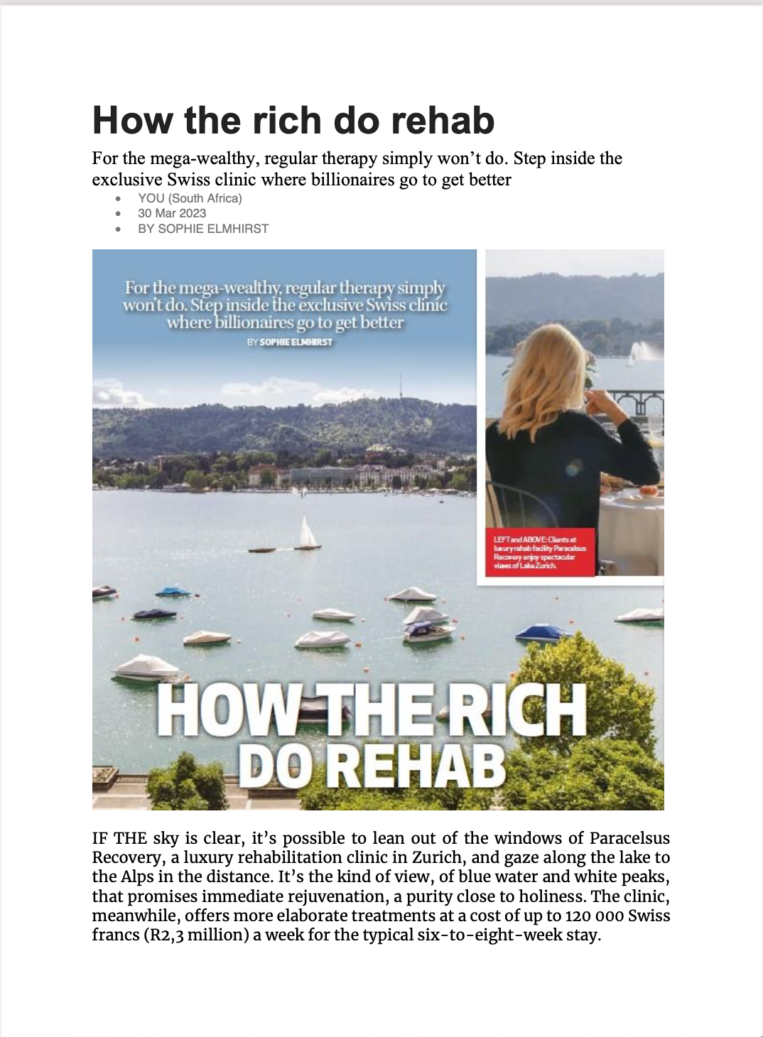 Paracelsus Recovery YOU Magazine artikel - Zo doen de rijken revalidatie