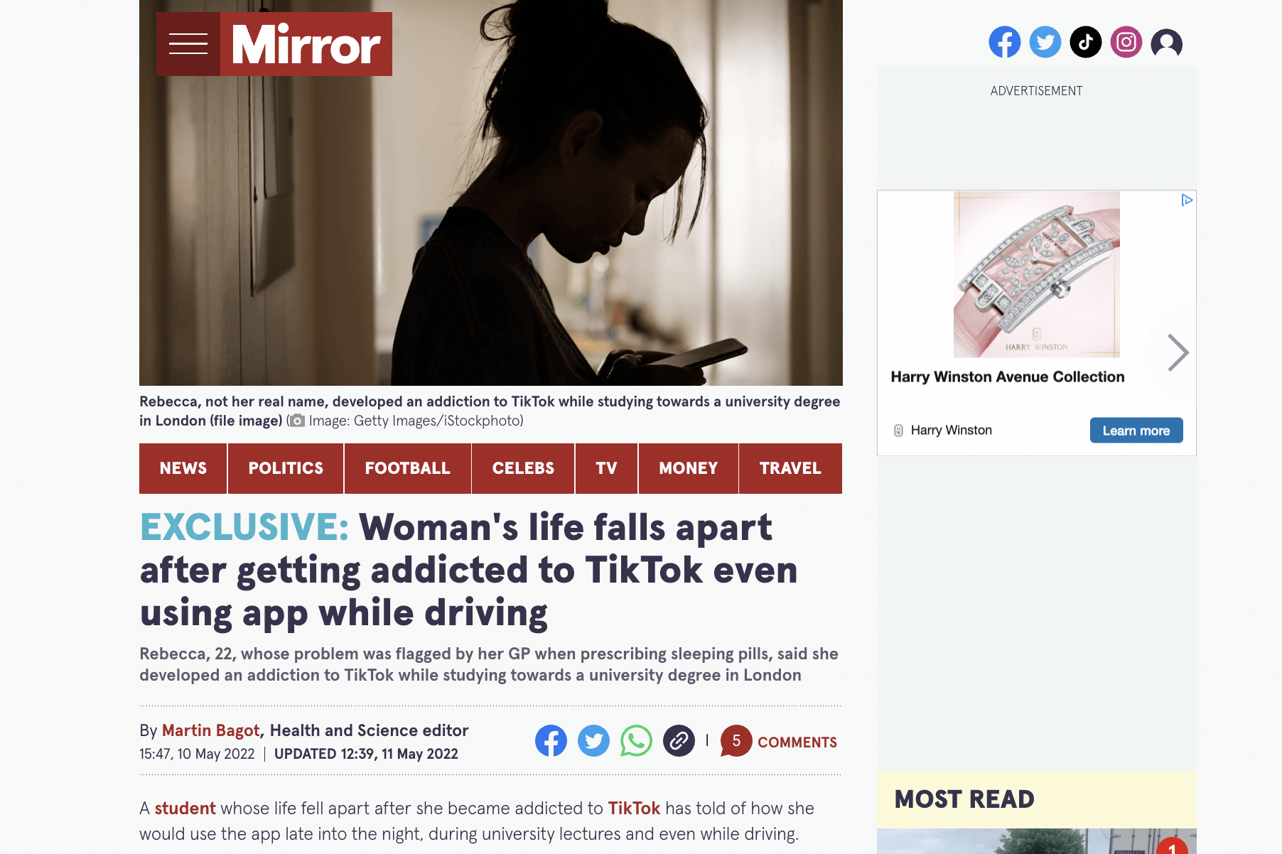 Screenshot van het artikel over TikTok-verslaving in The Mirror