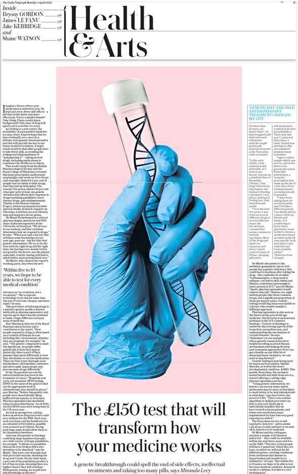 Het farmacogenomics-testartikel van £150 uit The Telegraph