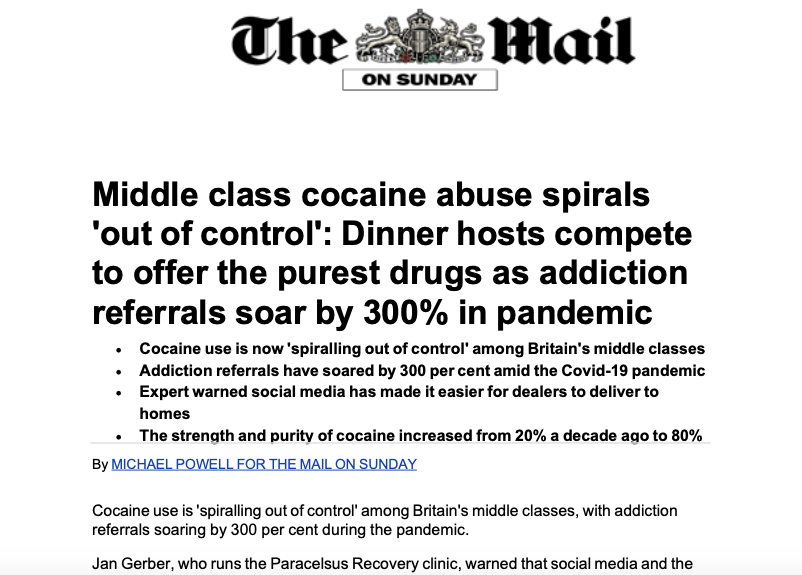 Daily Mail-artikel over cocaïnemisbruik onder de middenklasse
